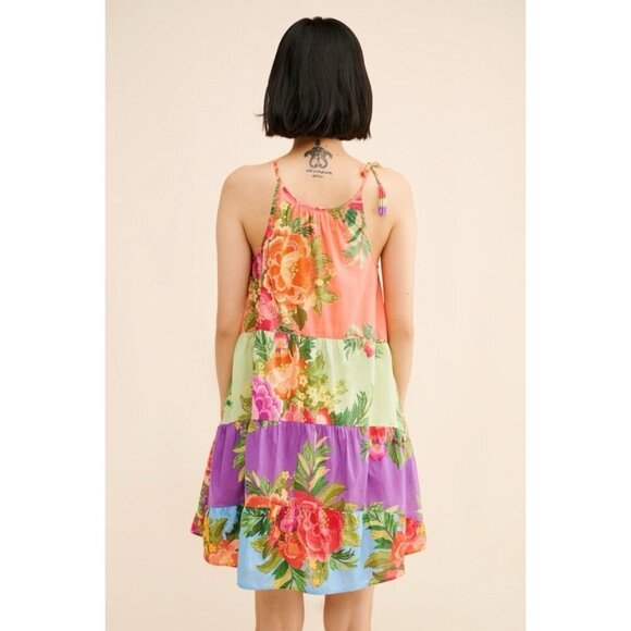 NWT Size S - Farm Rio 100% Cotton Halter Floral Tiered Mini Dress (NWT US$ 188) - Picture 3 of 15
